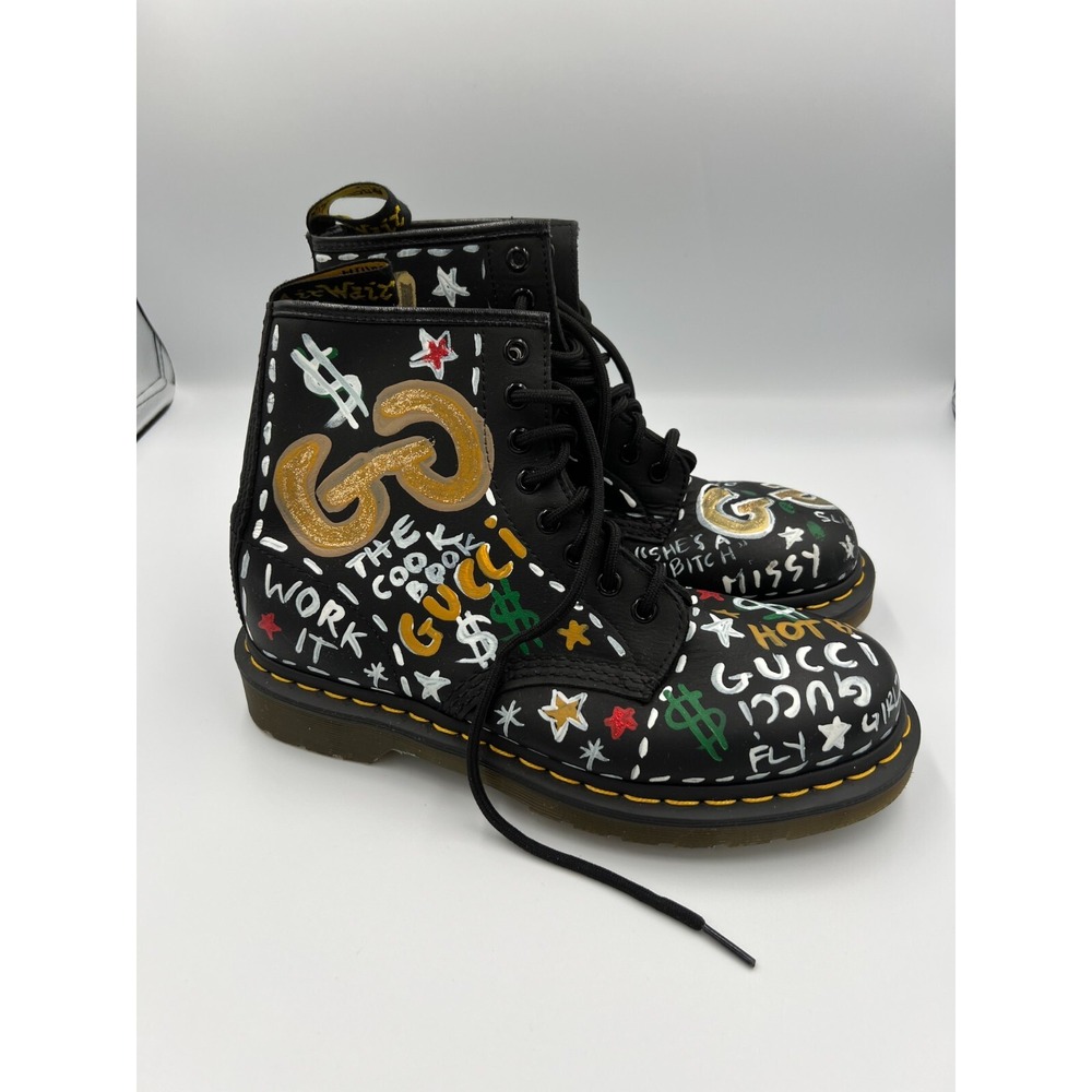 Dr. Martens 1460 Unisex Black Leather Script‎ Graffiti Ankle Boots Size US 7